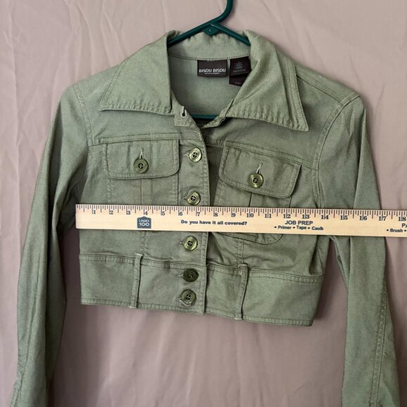 Bisou Bisou Cropped Olive Jean Jacket Button Up Size Size 2 Biker Edgy - Picture 10 of 12
